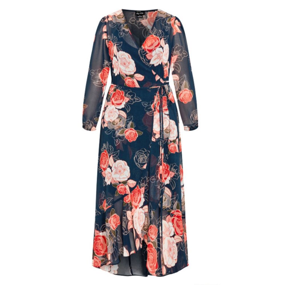 NWT City Chic Navy Floral Chiffon Wrap Maxi Dress 22 - Picture 9 of 16